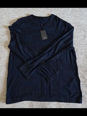Armani Exchange Men's Blue Patchwork Crewneck Sweater